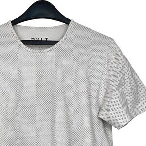 BYLT Drop‎ Cut Lux Mens M White Grey Micro Dot Short Sleeve Curved Hem Tee